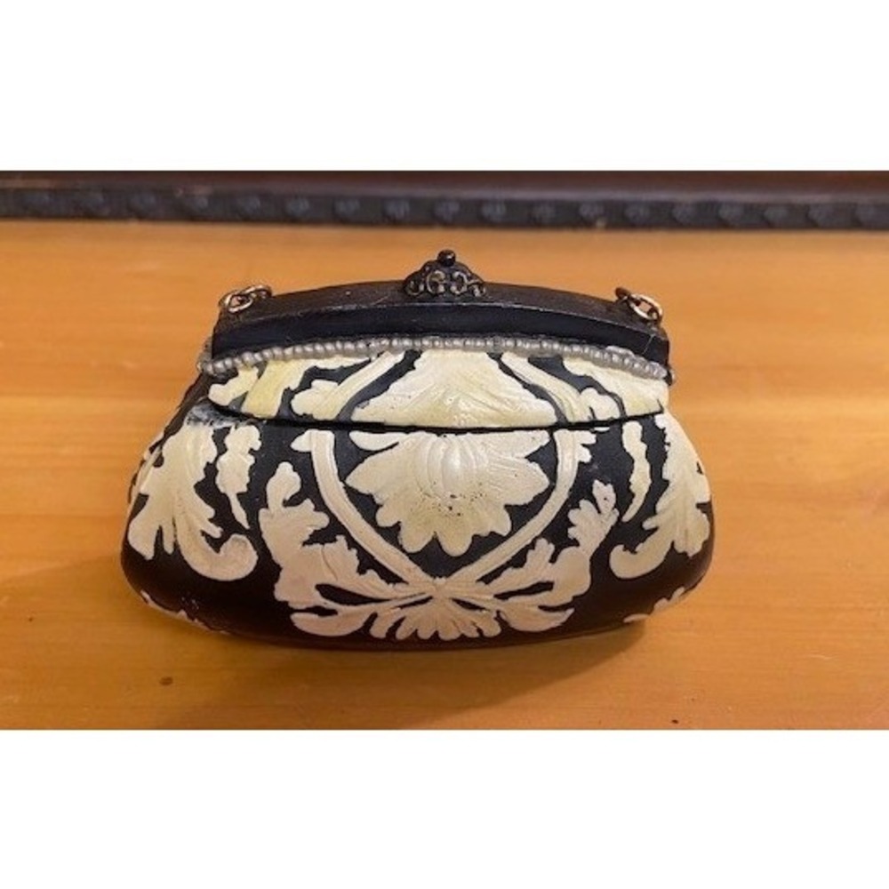Vintage Style Miniature Handbag Trinket Box Black Cream Floral Resin Jewelry Box